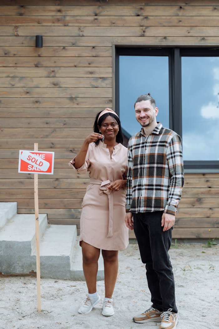 Joyful couple standing with sold sign outside their new home, smiling at camera.